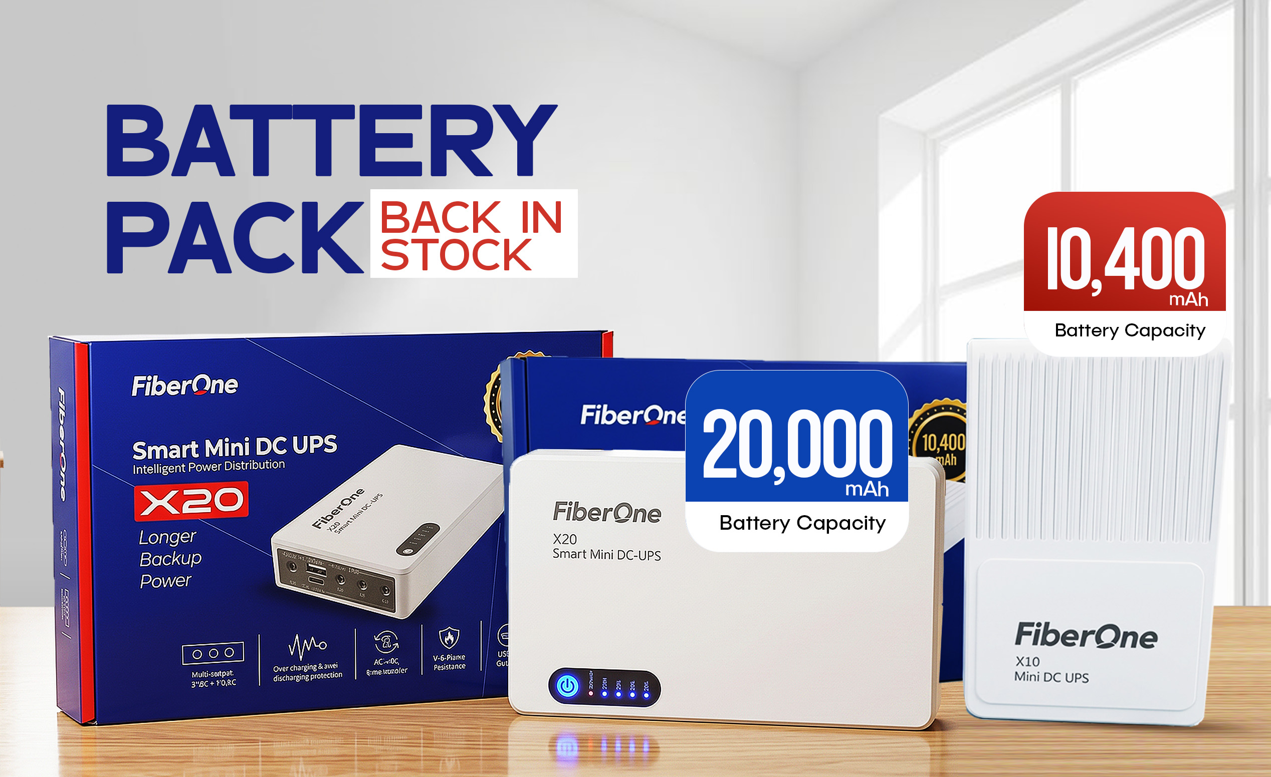 FiberOne Smart Mini DC UPS battery packs X10 and X20 with 10,400mAh and 20,000mAh capacity for uninterrupted internet during power outages in Nigeria.